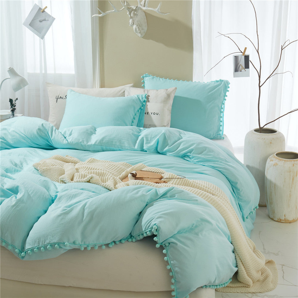 Solid Color Washed Ball Tassel Duvet Cover Set - 3 Pieces - Calm Cloud Bedding